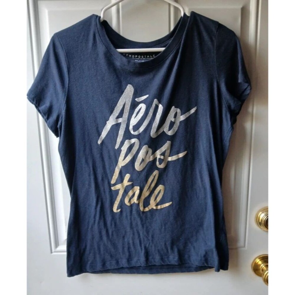 Aeropostale Women's XL Navy Graphic Tee with Metallic Script
